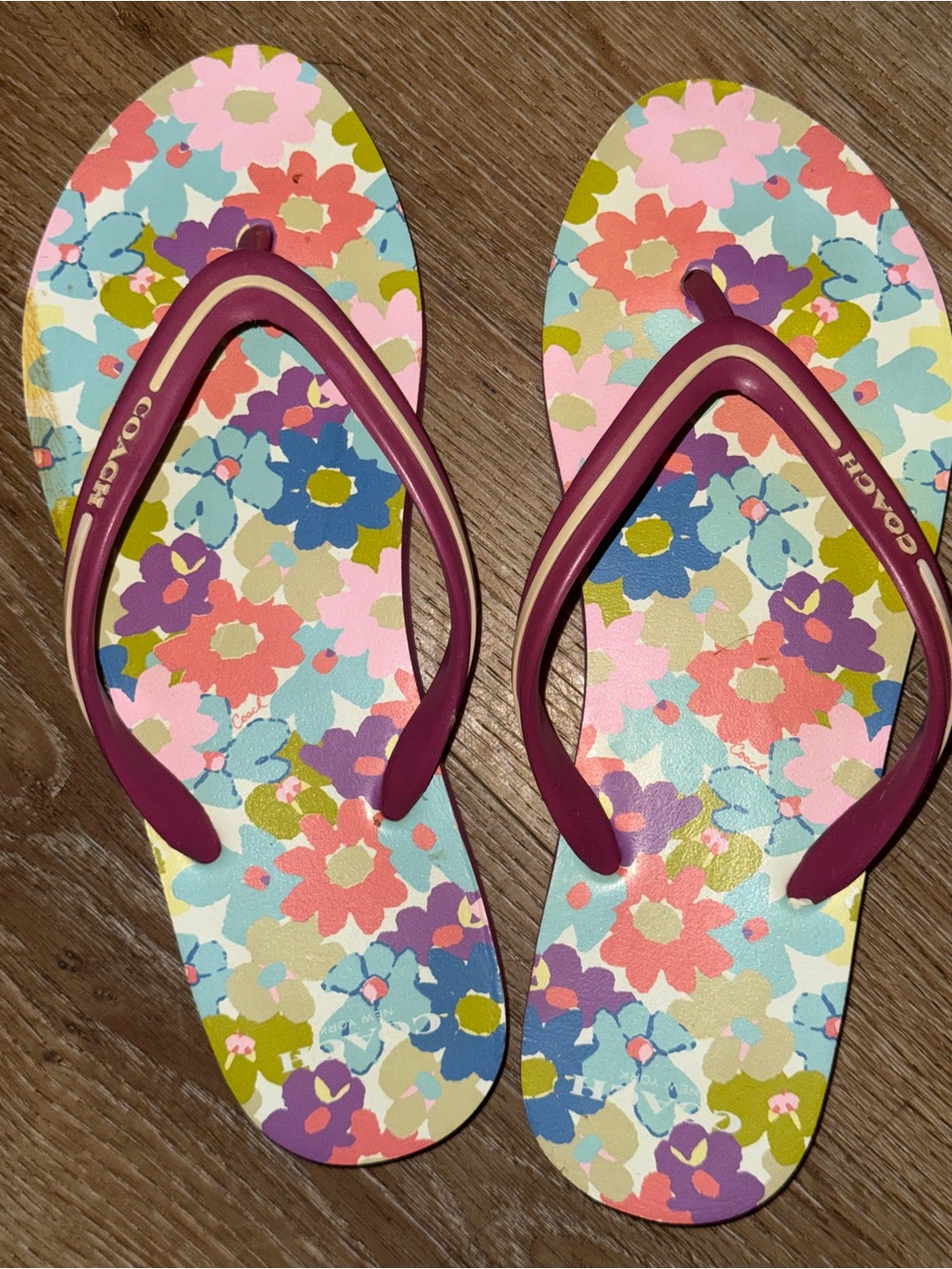 Coach Multicolor Floral Flip Flops with Pink Straps